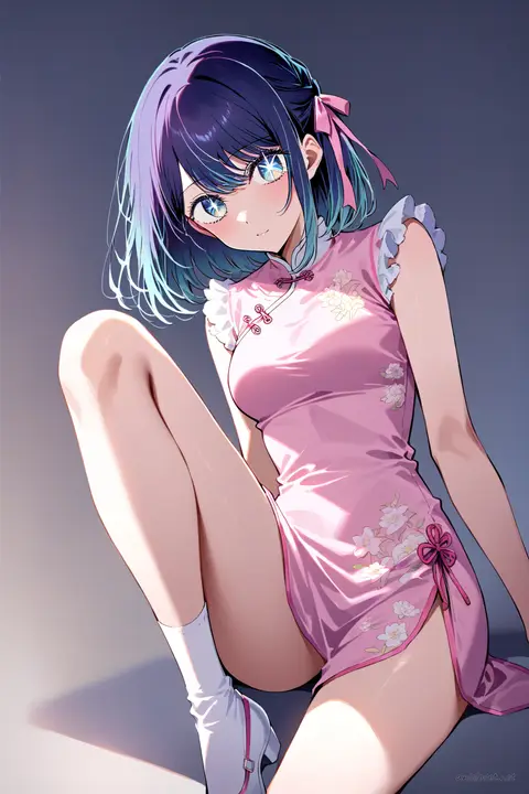 Akane Kurokawa wearing a pastel pink sleeveless qipao with floral embroidery, mandarin collar, side slit, white lace trim, white ankle socks, mary jane shoes, and pink satin hair ribbon in soft studio lighting