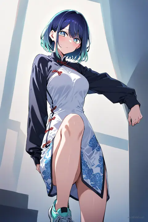 Knee-up half-body illustration of Akane Kurokawa wearing a fitted knee-length qipao dress with side slits, layered with a street style hoodie and sneakers against a soft studio background
