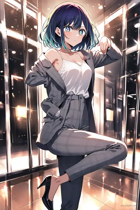 Akane Kurokawa in grey check tailored blazer and fitted pants with white silk camisole, posed hand-in-pocket outside glass building