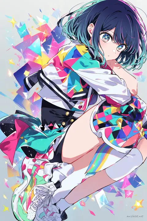 Full-body illustration of Akane Kurokawa in a colorful idol jacket and high-waisted shorts set, standing pose with white platform sneakers and thigh-high socks on a clean studio backdrop