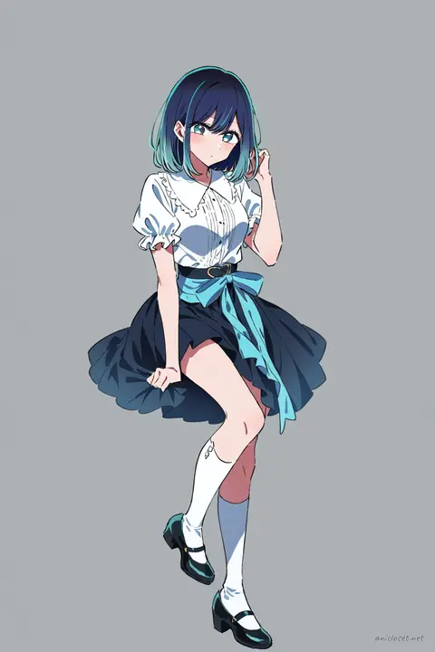 Akane Kurokawa in pastel twin-ribbon idol costume with pleated skirt, puffed sleeves, and Mary Jane shoes, knee-up half-body view