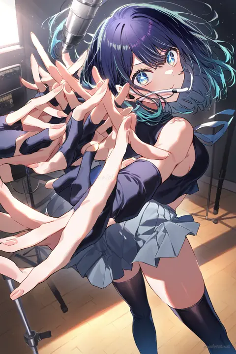 Illustration of Akane Kurokawa in a sparkly crop top, pleated mini skirt, fingerless gloves, thigh-high stockings, platform boots, and microphone headset performing a group dance