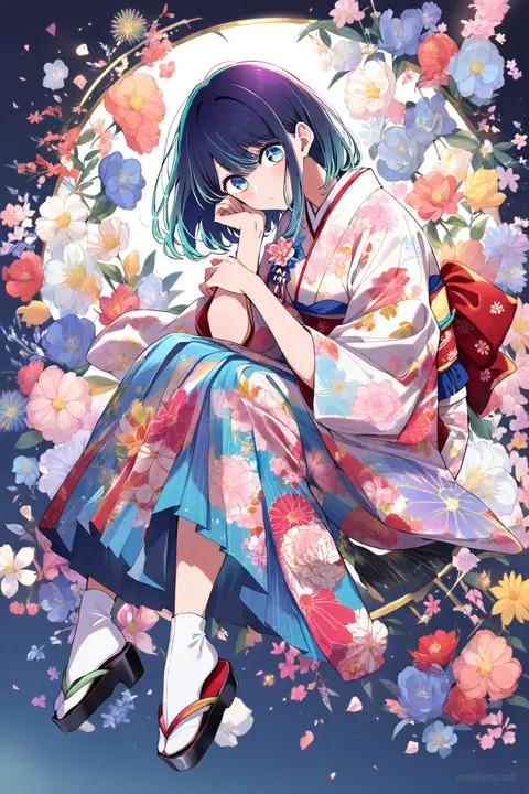 Full-body three-quarter view of Akane Kurokawa wearing a colorful graduation hakama set over floral-pattern kimono with flower corsage, traditional obi, tabi socks, and zori sandals against a simple studio background