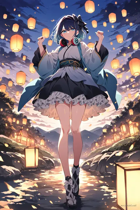 Full body front view of Akane Kurokawa wearing a modern wa-Lolita hybrid kimono with kimono sleeves, frilly petticoat skirt, ribbon bow, tabi socks, and zori sandals