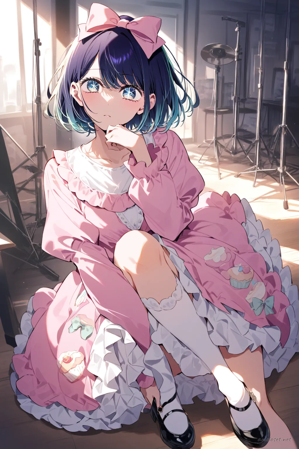 Full-body three-quarter view of Akane Kurokawa wearing a pastel pink cupcake print jumper skirt, puff-sleeve blouse, head bow, white ankle socks, and pastel pink mary janes on a clean studio background