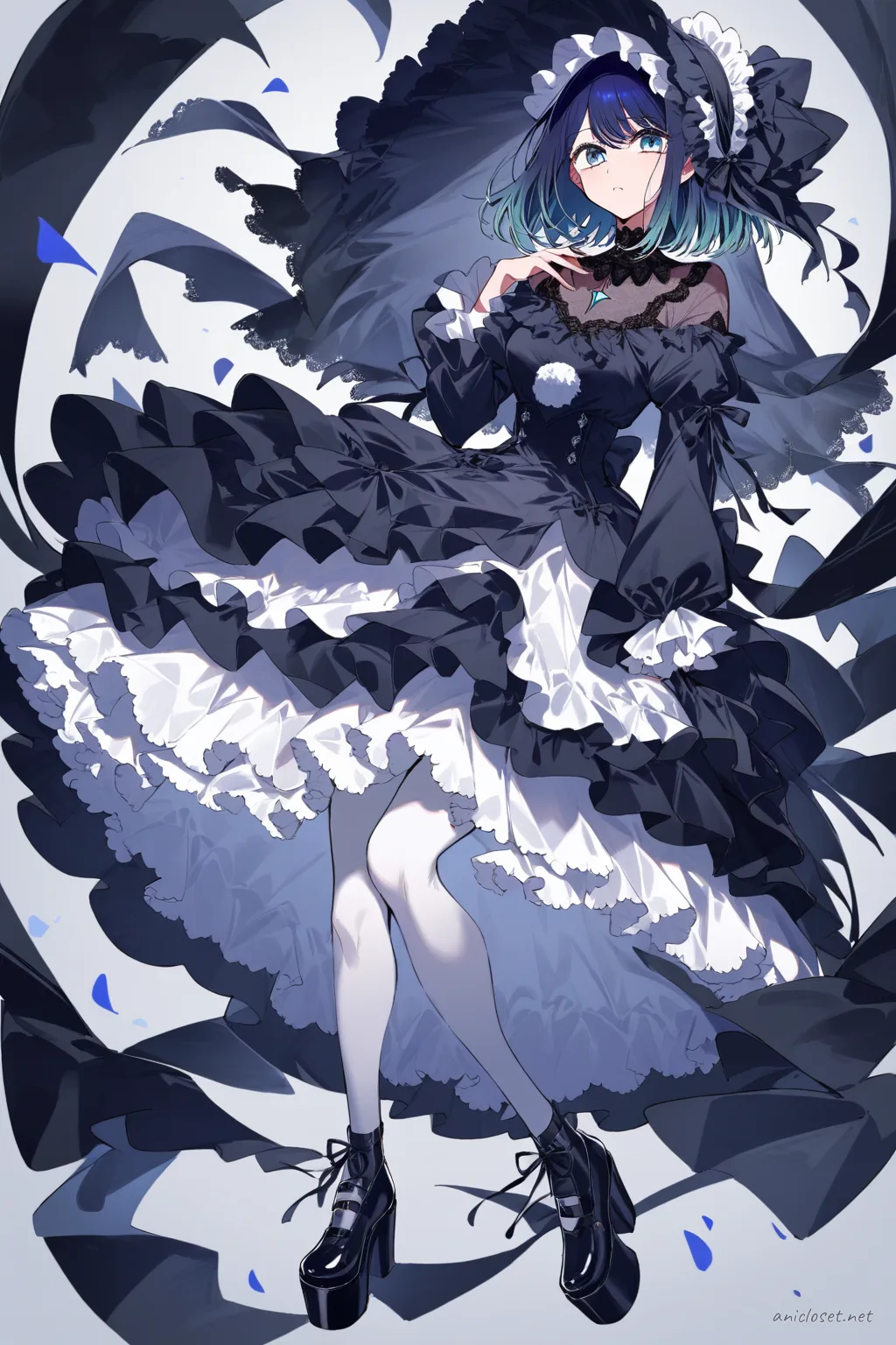 Illustration of Akane Kurokawa in a gothic Lolita black bell-shaped dress with lace collar and bonnet, knee-up half-body view