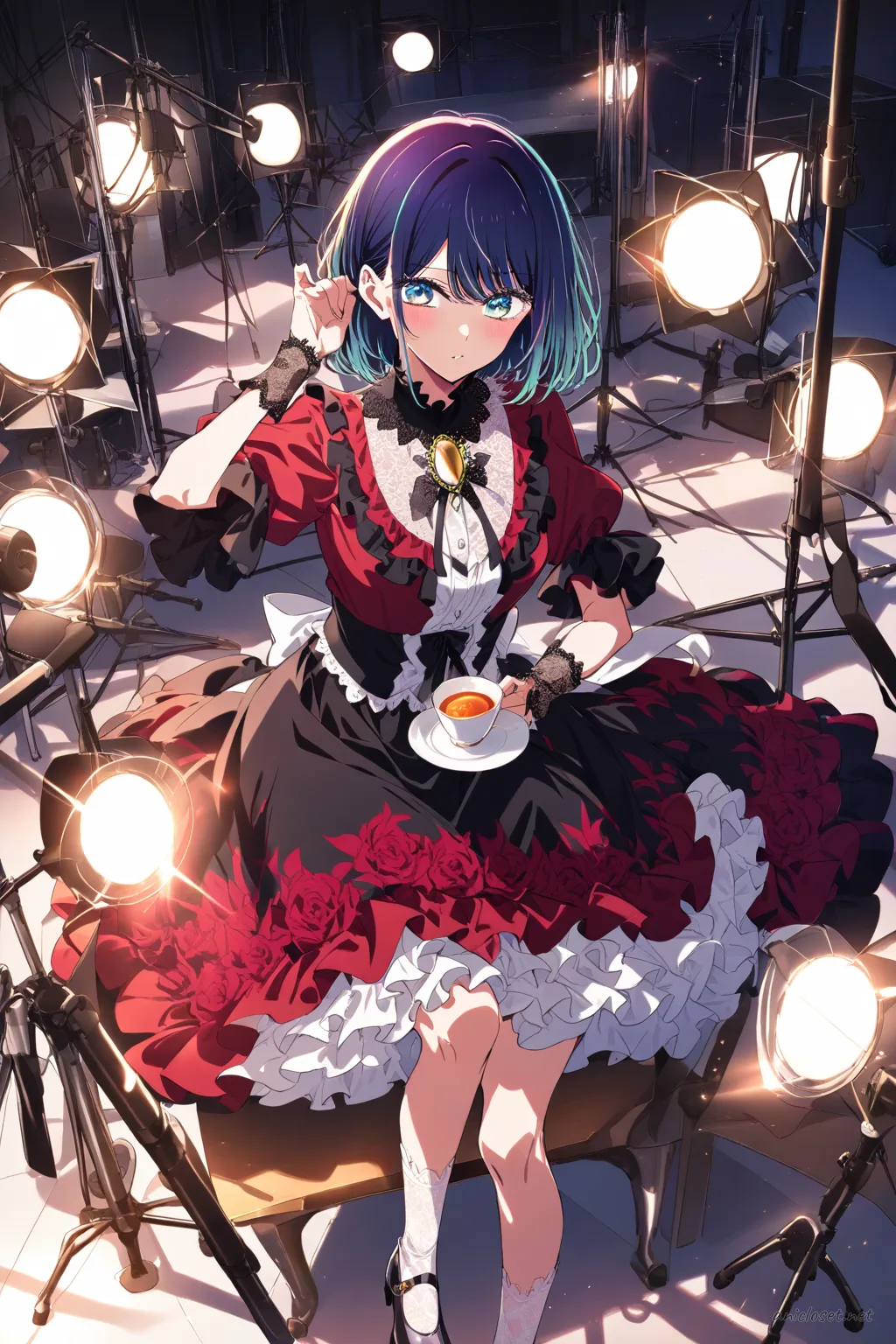 Akane Kurokawa wearing a classic burgundy floral Lolita dress with high-neck blouse and cameo brooch, knee-up half-body view