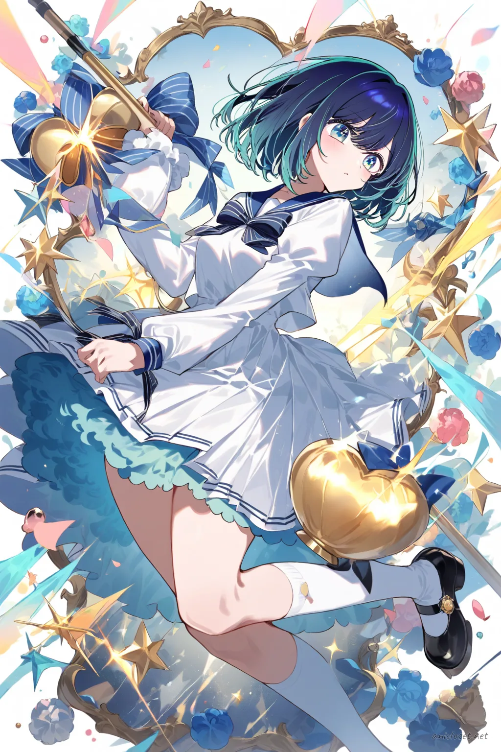 Full-body three-quarter view illustration of Akane Kurokawa wearing a navy sailor Lolita dress with sailor collar, striped bow, pleated bell skirt, knee socks, and Mary Jane shoes on a clean studio background