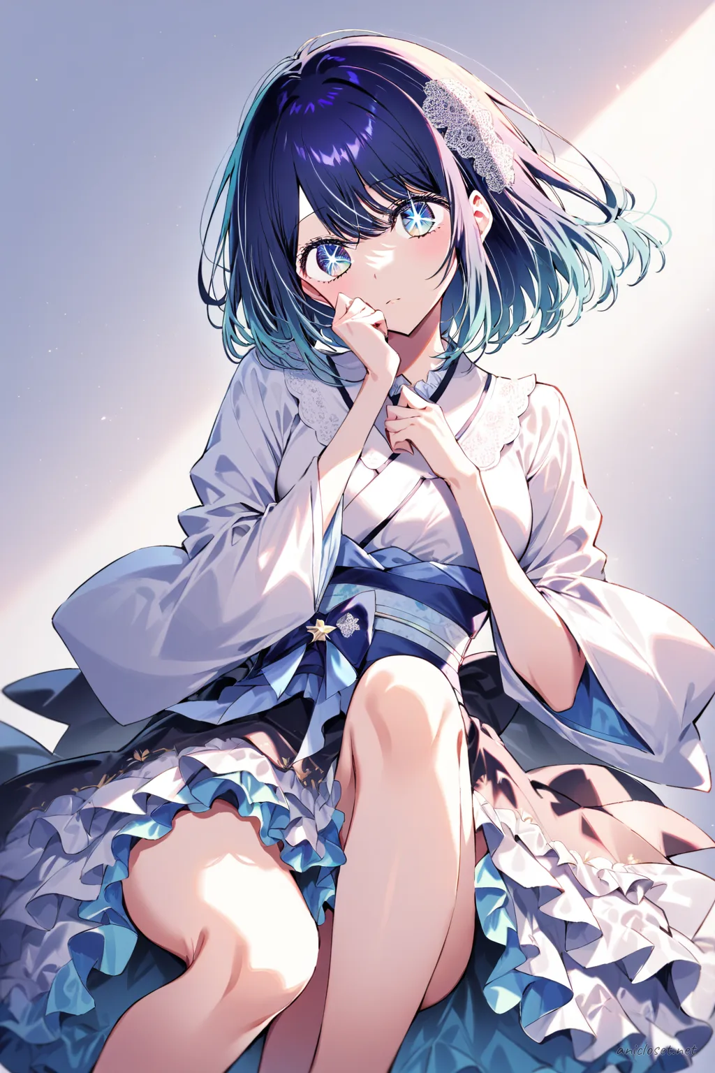 Full-body three-quarter view of Akane Kurokawa in Lolita outfit with wa-Lolita dress, kimono sleeves, floral petticoat skirt, obi bow, and lace hair ornament