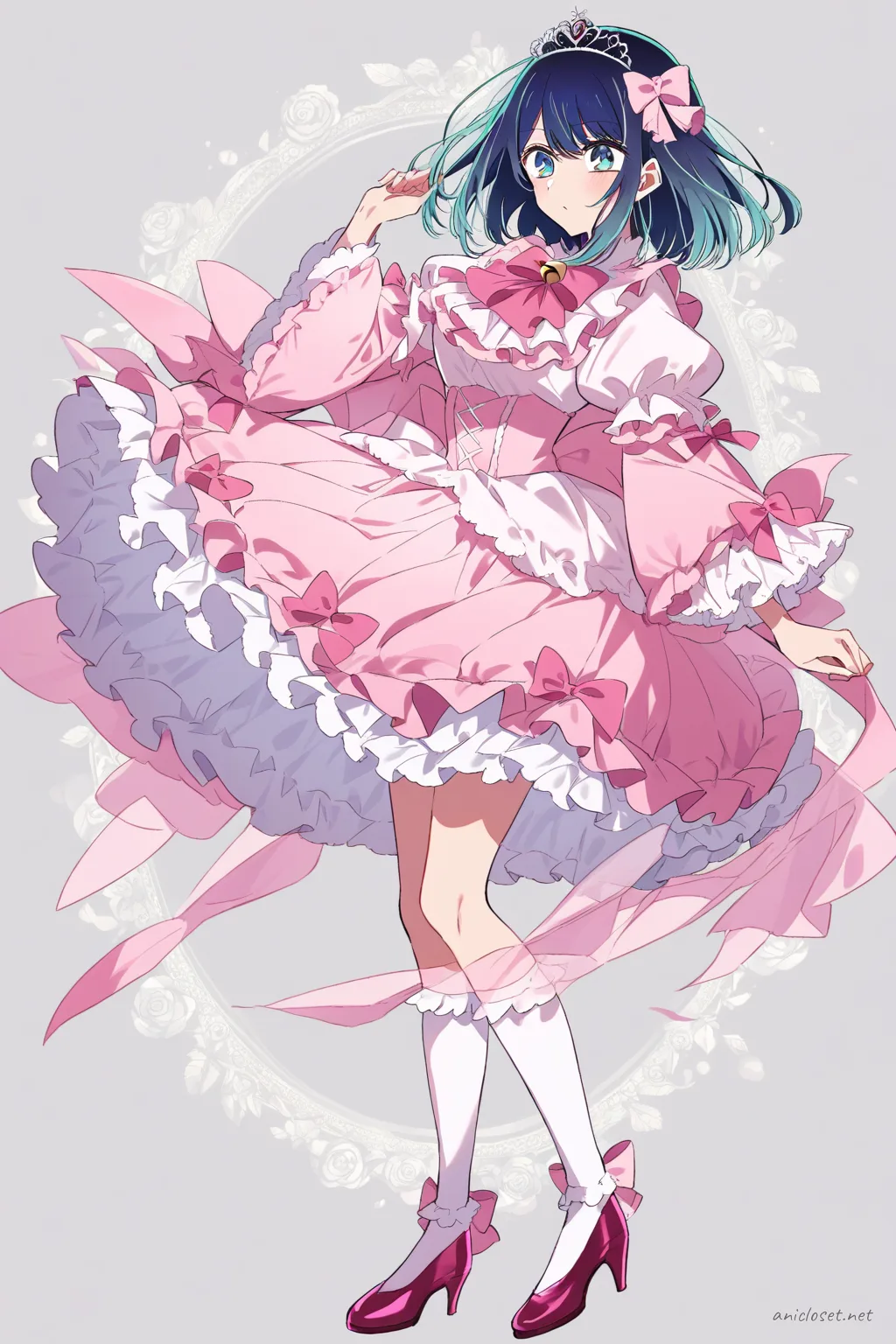 Full-body illustration of Akane Kurokawa in a rose-pink hime Lolita princess dress with pearl trim, tiara comb, and bow heels on a clean studio backdrop