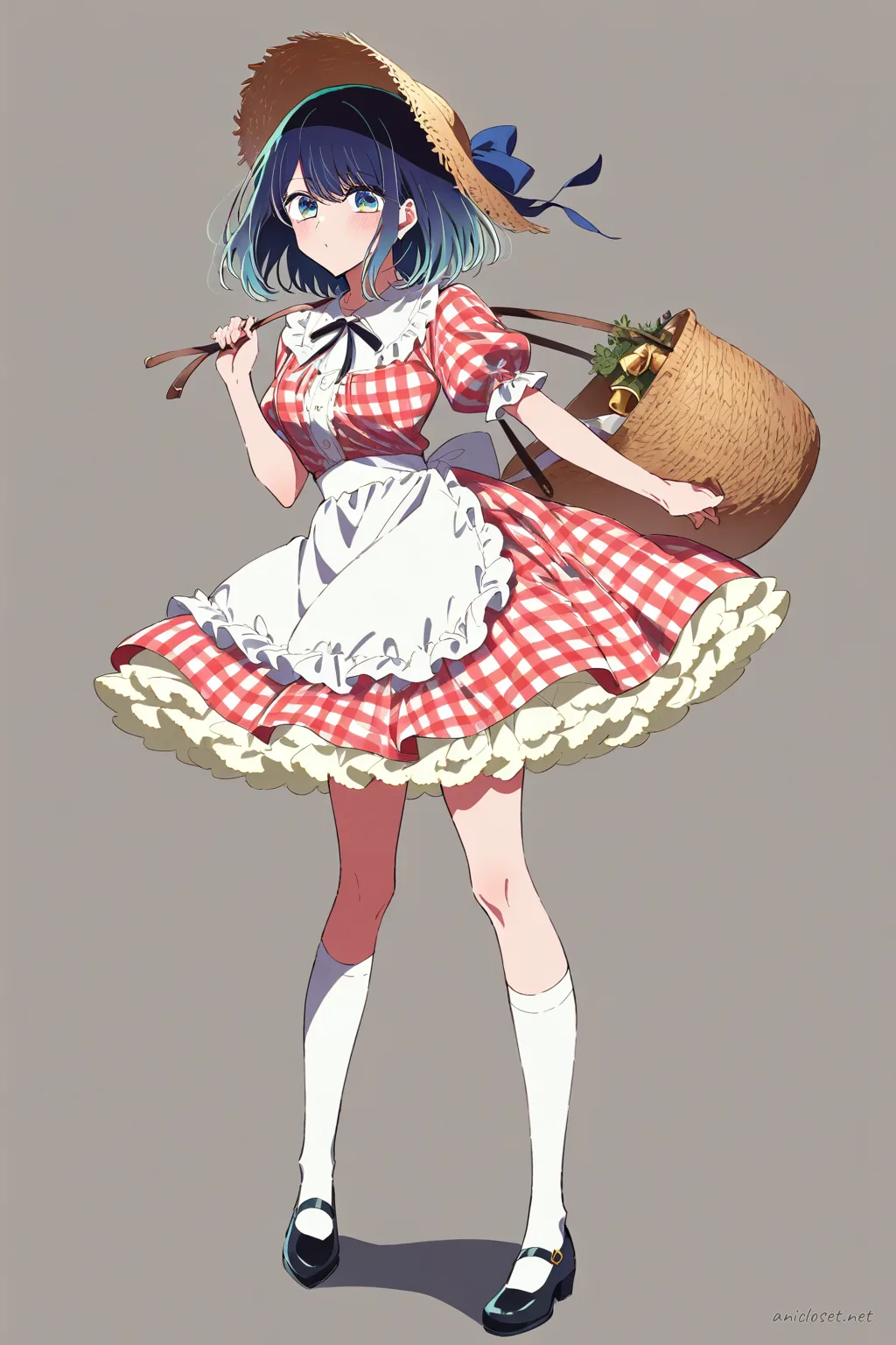 Illustration of Akane Kurokawa wearing a country Lolita gingham dress with lace apron, straw bonnet, basket bag, and mary janes in a knee-up pose under soft studio lighting