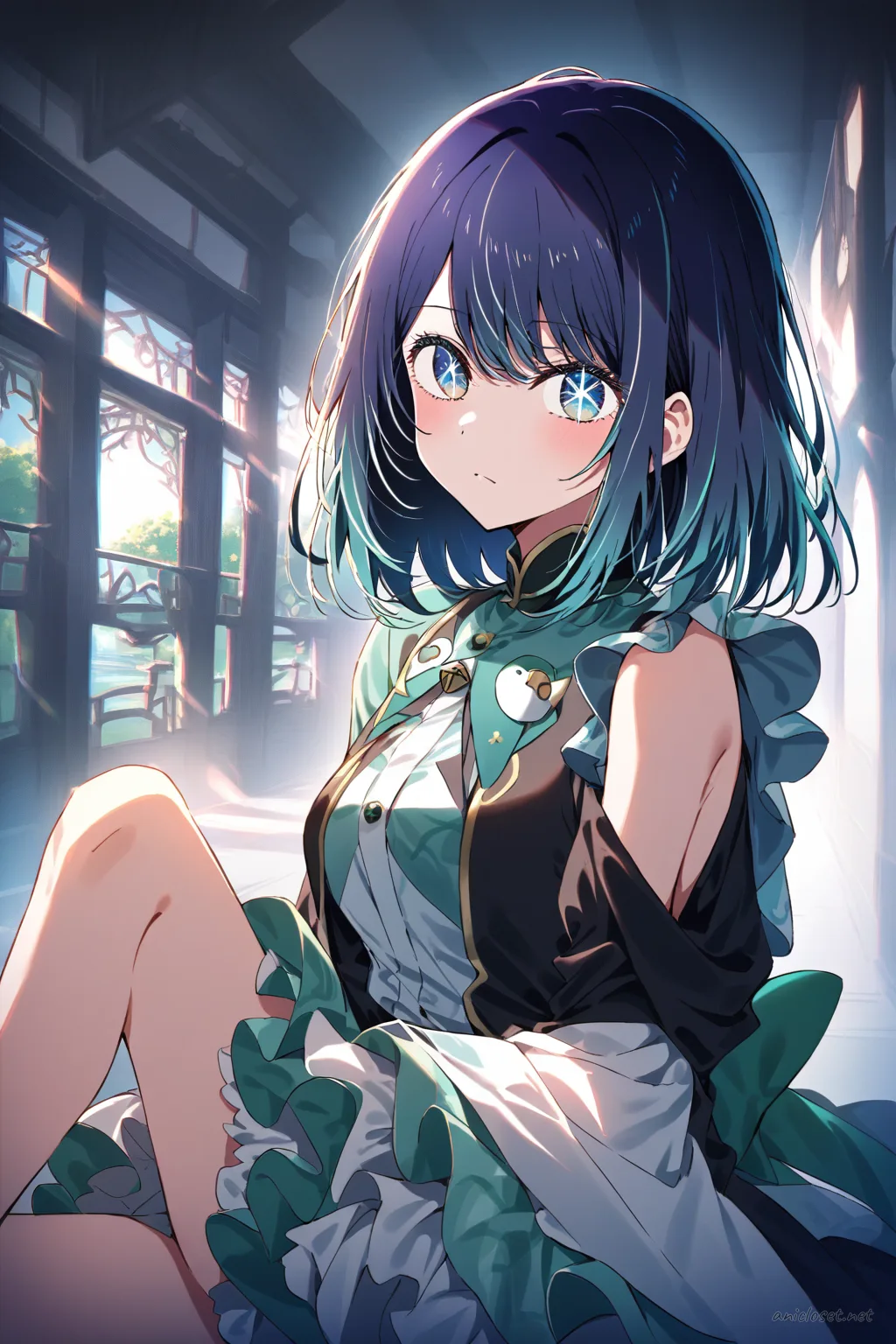 Full-body illustration of Akane Kurokawa in Lolita look 10 wearing a mandarin collar blouse, brocade bell skirt, frog buttons, and jade ribbon accents, standing in a clean studio background with mary jane shoes and knee socks visible.