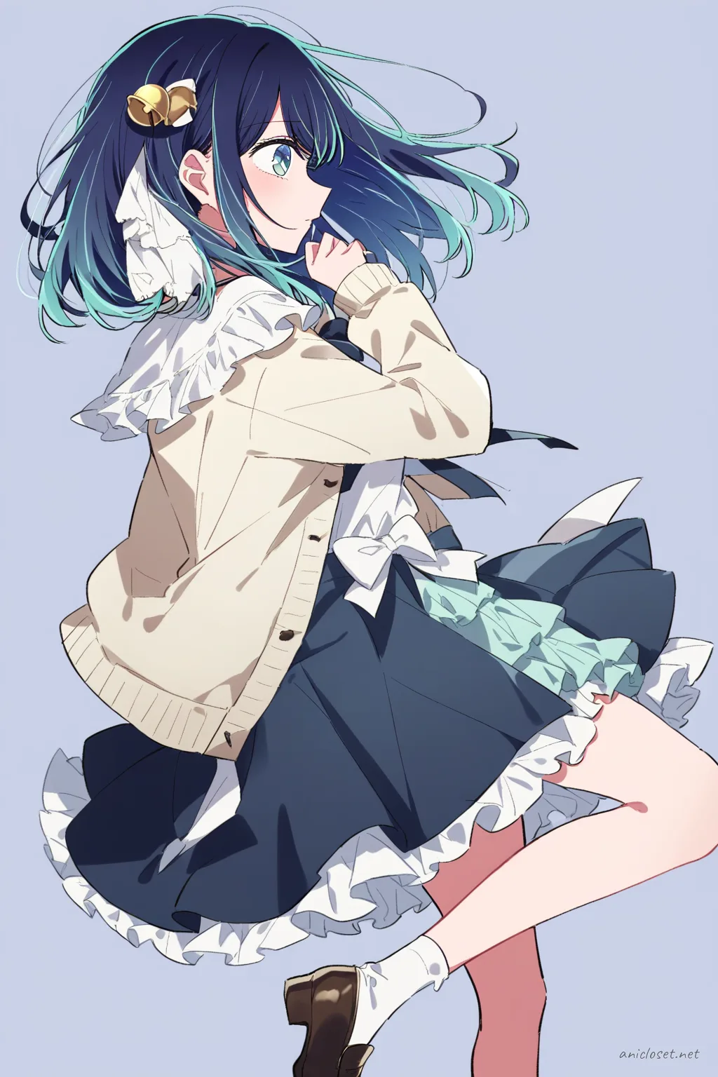Full-body illustration of Akane Kurokawa wearing a casual Lolita outfit with a long-sleeve cardigan over a jumper skirt, knee socks, and loafers on a plain background