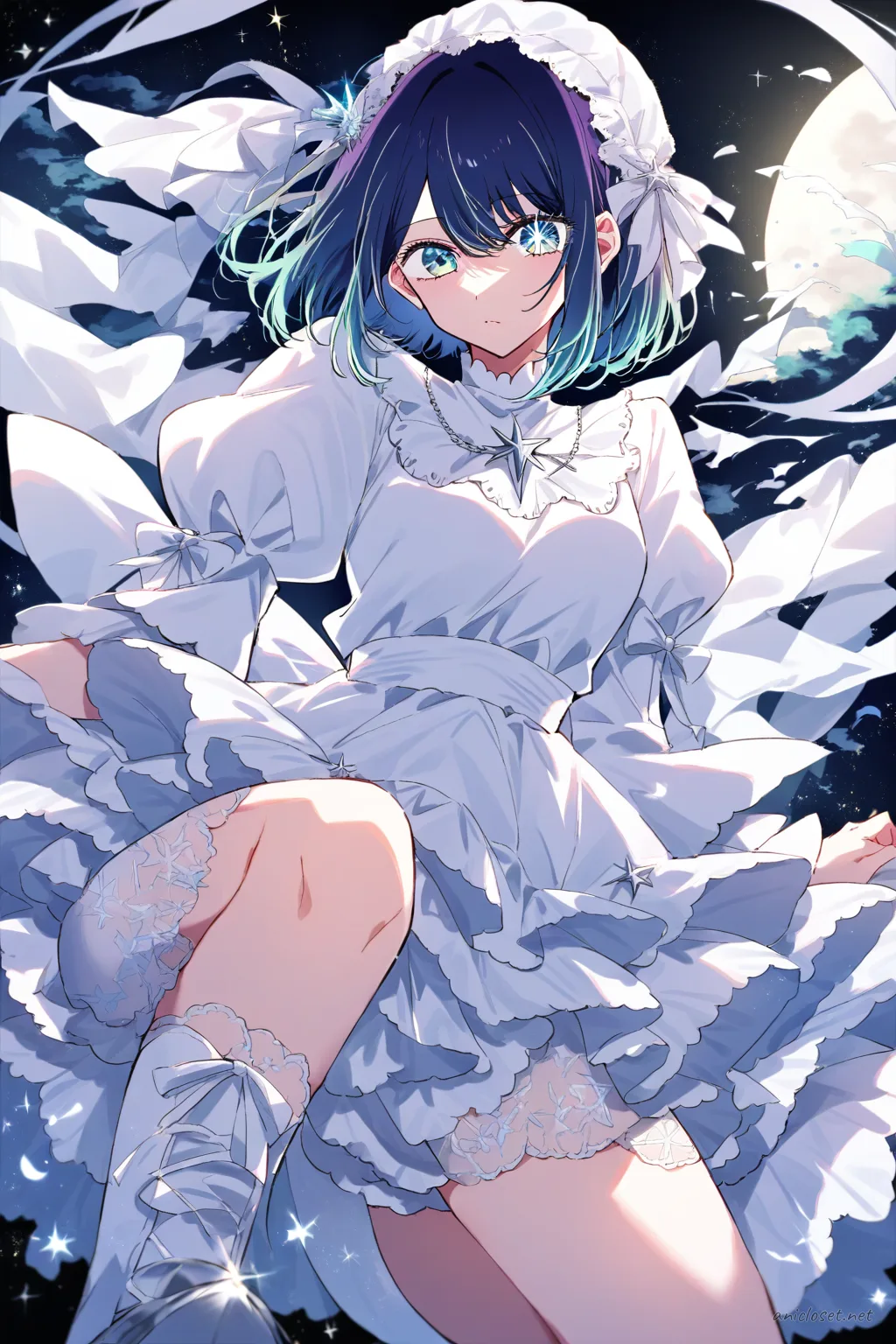 Full-body illustration of Akane Kurokawa in a navy Lolita dress with star embroidery, layered tulle skirt, moon brooch, silver shoes, and white blouse with puff sleeves