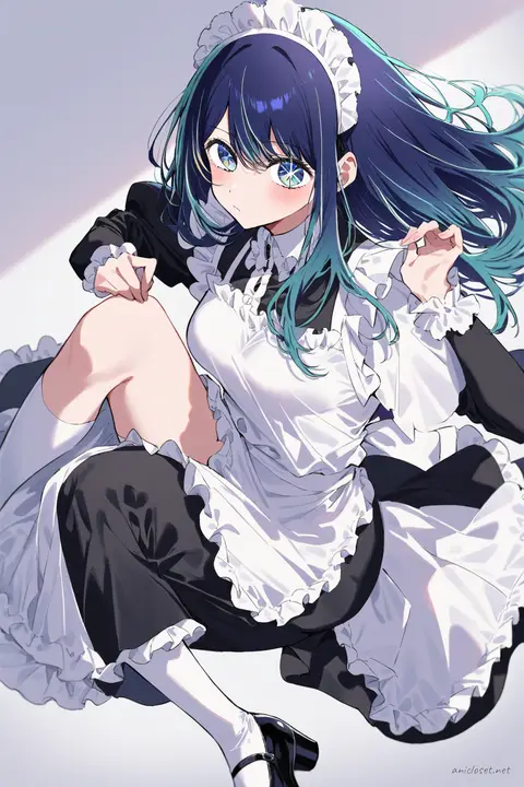 Full-body three-quarter view of Akane Kurokawa in a classic black-and-white Victorian maid dress with long skirt, frilled white apron, lace-trimmed maid headdress, black Mary Jane shoes, and white frilled ankle socks against a clean studio background
