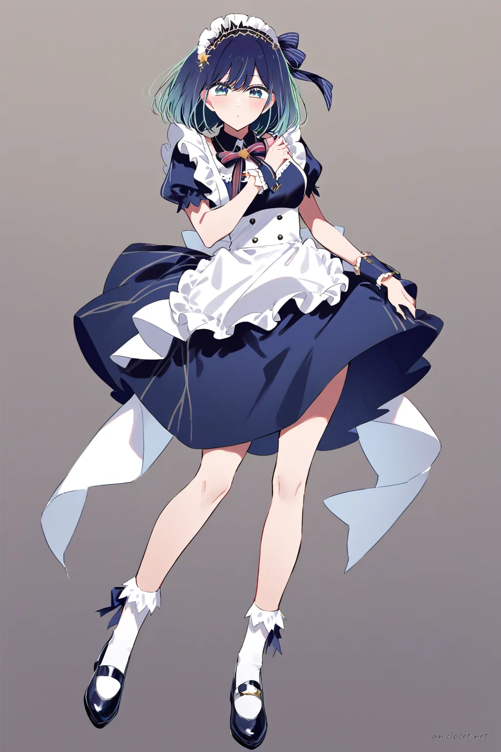 Full-body illustration of Akane Kurokawa wearing a cafe maid dress with knee-length skirt, puff sleeves, ribbon apron, mary janes, white frilled headband, and ankle socks on a clean studio background