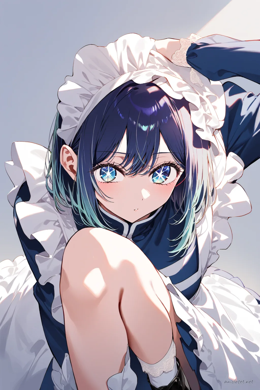 Full-body illustration of Akane Kurokawa in navy Edwardian maid uniform with high collar, white bib apron, ankle boots, standing pose on clean studio backdrop