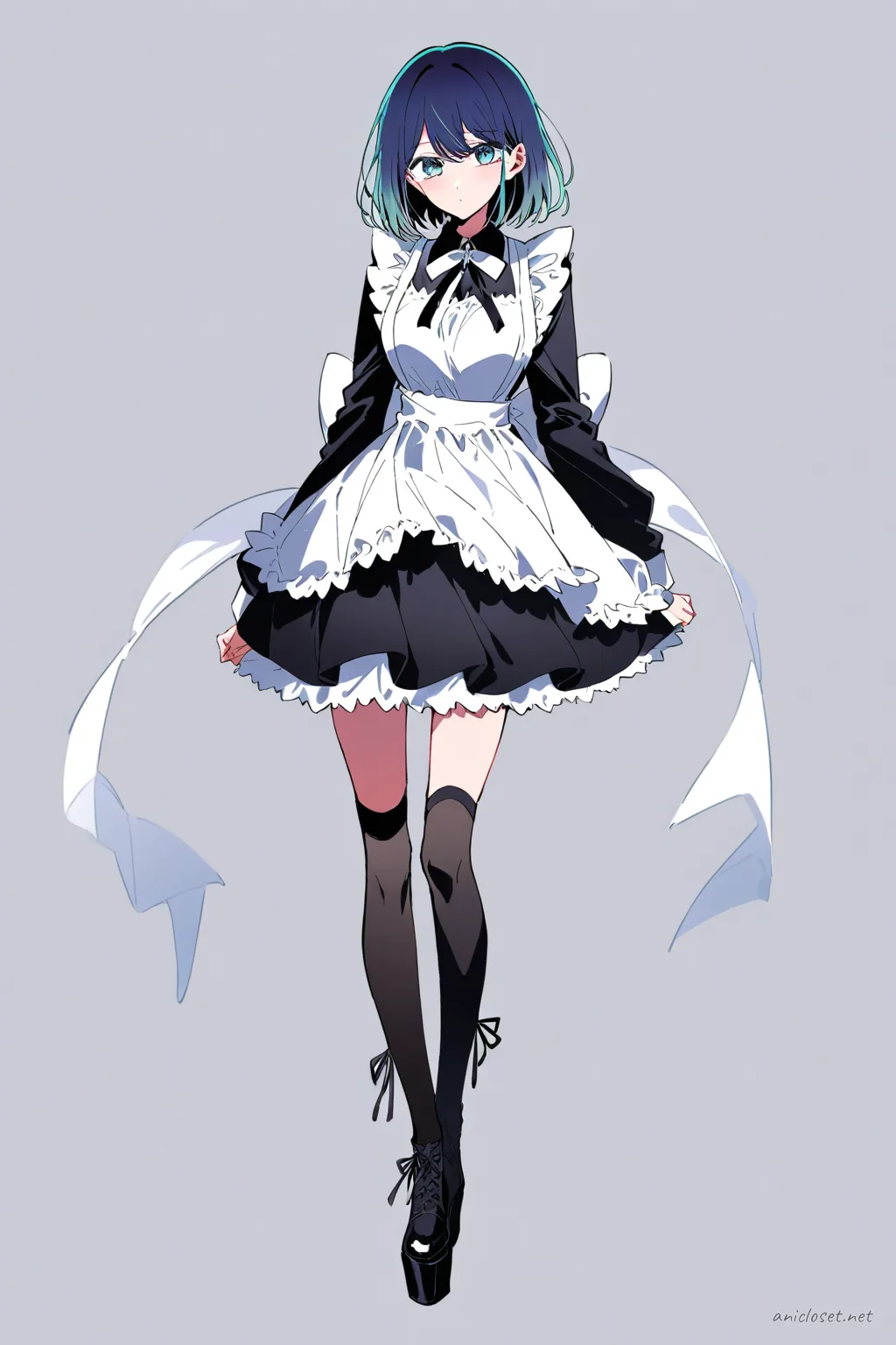 Full-body illustration of Akane Kurokawa in a gothic maid dress with black lace, layered knee-length skirt, cross-tie ribbon neck, white apron, black thigh-high socks, and platform shoes, standing against a clean studio backdrop.