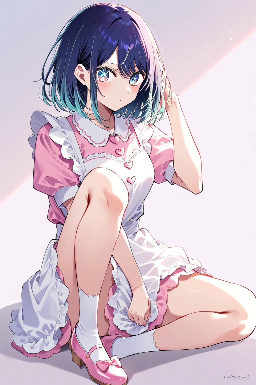 Akane Kurokawa wearing pastel pink maid dress with scalloped white apron and heart-shaped buttons, knee-up half-body shot under soft studio lighting