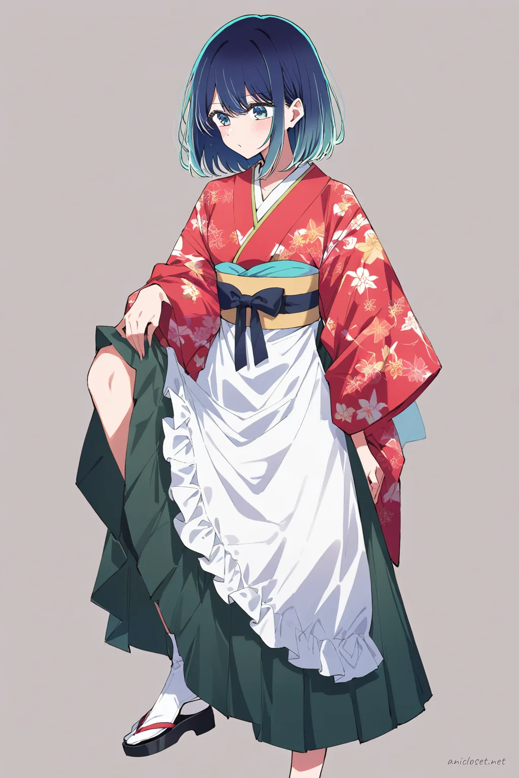 Knee-up half-body illustration of Akane Kurokawa wearing a maid outfit with kimono sleeves, hakama skirt, white apron, and ribbon obi under soft studio lighting