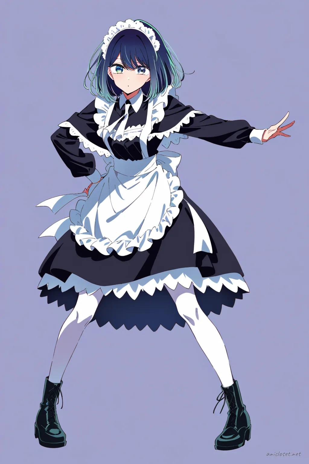 Full-body three-quarter view of Akane Kurokawa in a winter velvet long sleeve maid dress with warm frilled apron, capelet, opaque black tights, and black ankle boots