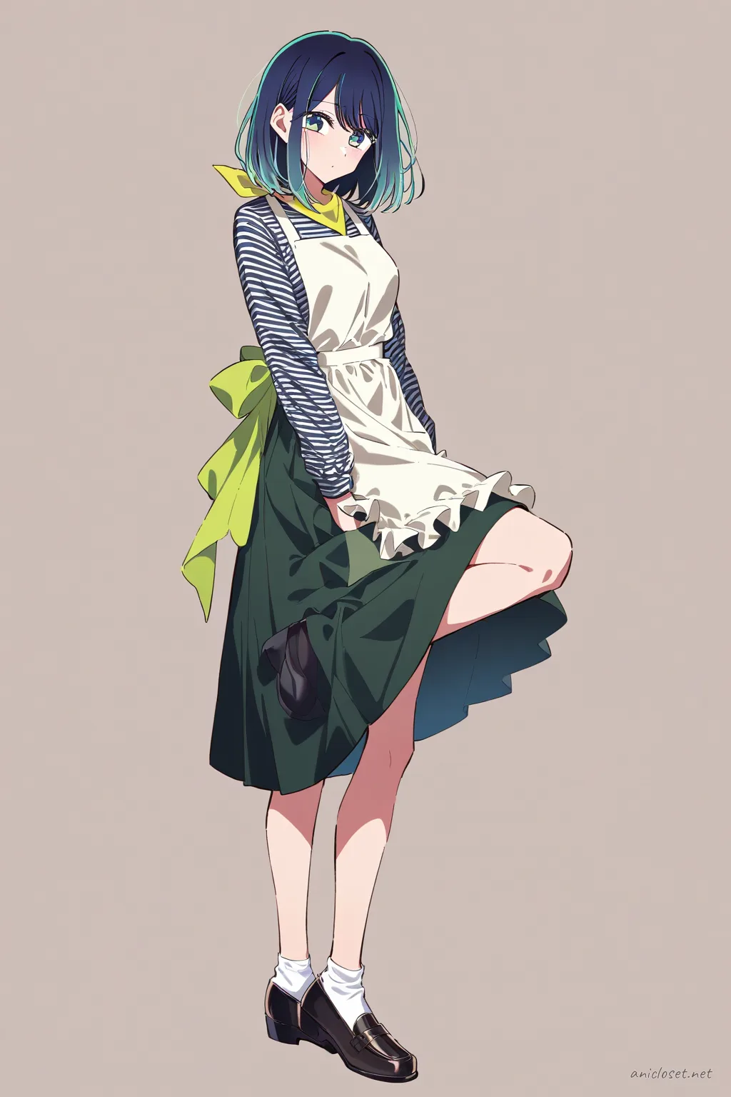 Akane Kurokawa wearing a bakery maid uniform with striped blouse, full apron, midi skirt, kerchief, and loafers in soft studio lighting