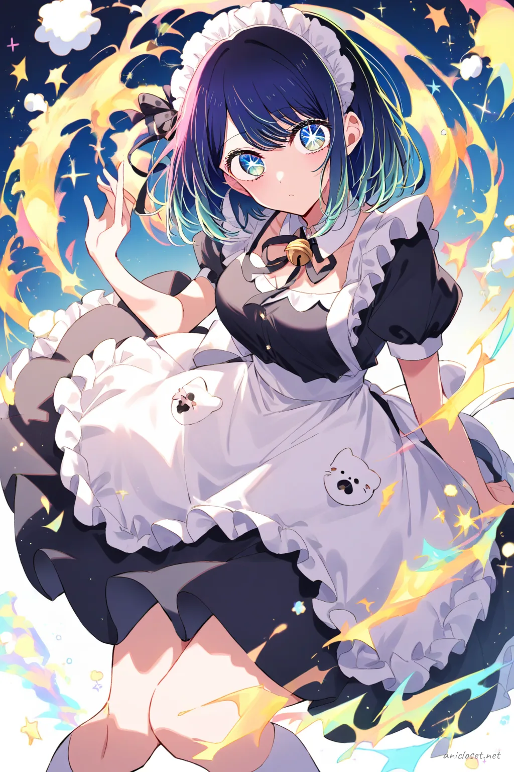 Full-body illustration of Akane Kurokawa in a black and white cat-motif maid dress with paw-print apron pockets and bell ribbon choker, standing in a clean studio