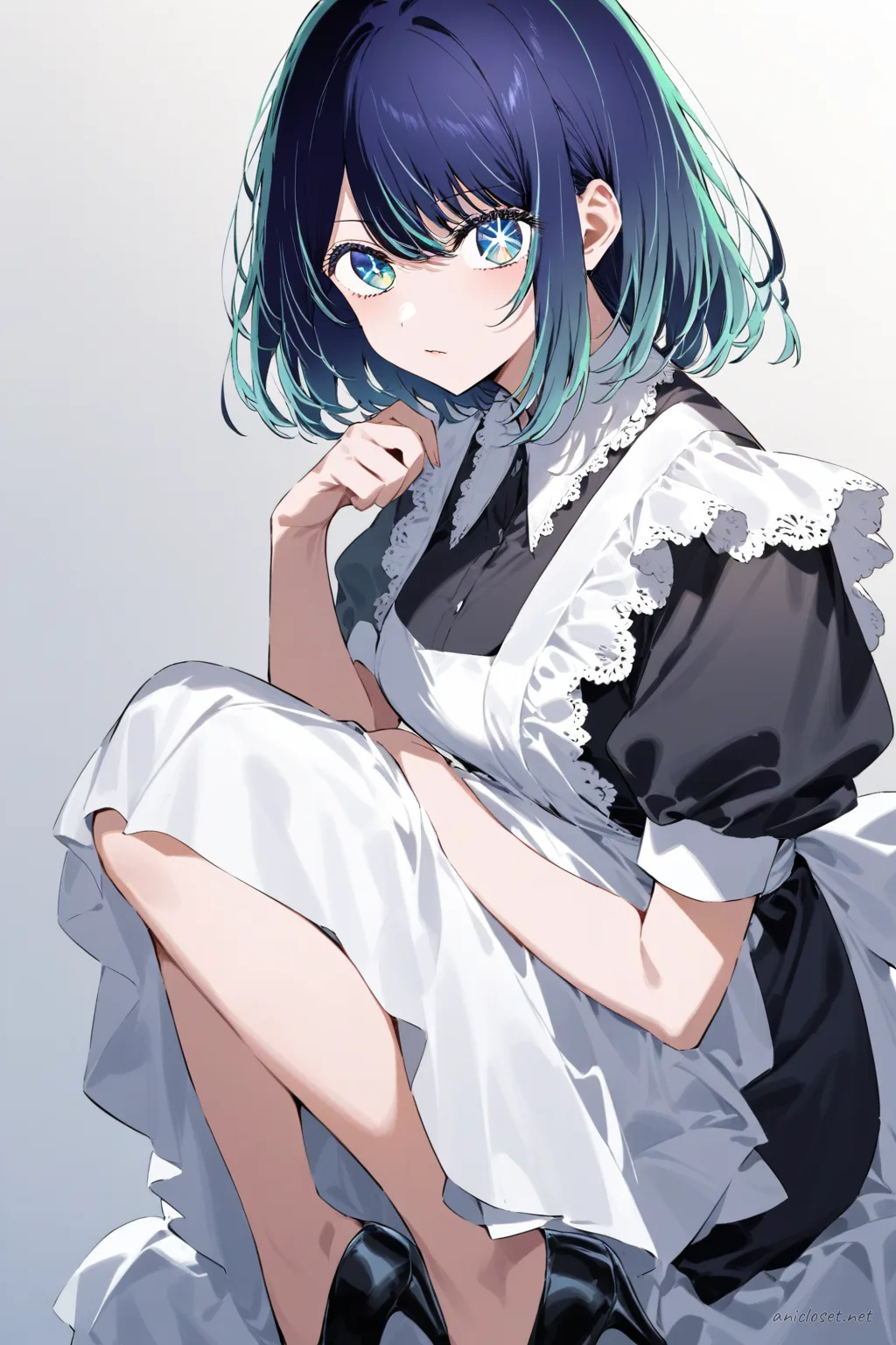 Full-body three-quarter view of Akane Kurokawa wearing a modern hotel maid-inspired monochrome dress with neat apron panel, short puff sleeves, white collar, black low heels, and sheer stockings against a clean studio background.