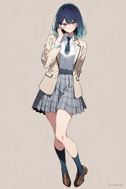 Full-body three-quarter view of Akane Kurokawa wearing a beige blazer, white dress shirt, dark necktie, plaid pleated skirt, knee-high socks, and brown loafers against a simple background