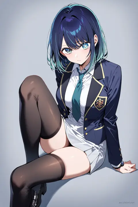 Akane Kurokawa wearing a private academy blazer with emblem, white dress shirt, narrow necktie, dark pencil skirt, black knee-high stockings, and black loafers in a knee-up half-body studio shot