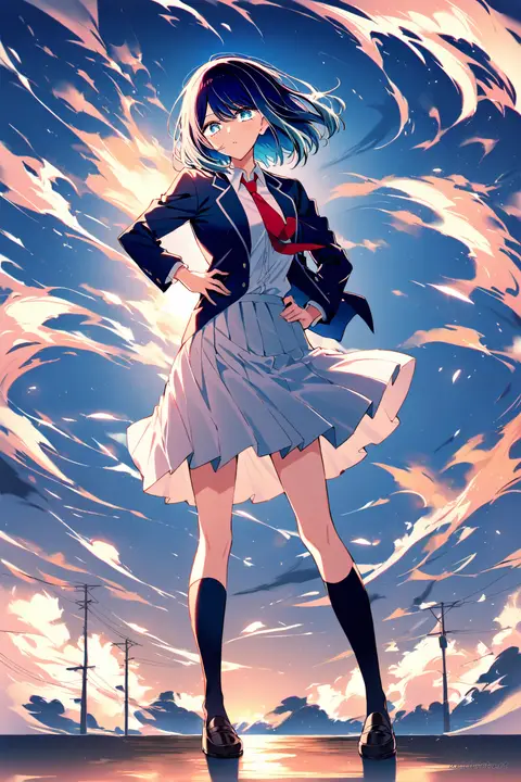 Full-body three-quarter view of Akane Kurokawa in black blazer, white dress shirt, red necktie, black pleated skirt, black knee-high socks, and black loafers, posed with hand on hip under golden-hour backlight with floating dust motes