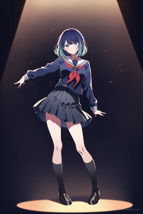 Full-body illustration of Akane Kurokawa in black sailor uniform with white collar and red neckerchief, standing in weight-shift contrapposto pose under dramatic spotlight on dark stage