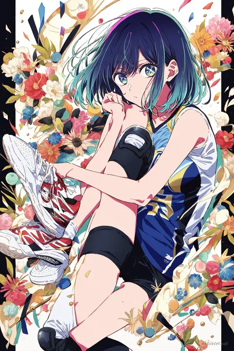 Full-body illustration of Akane Kurokawa in volleyball team jersey, short athletic shorts, knee pads, sneakers, standing against a clean studio background