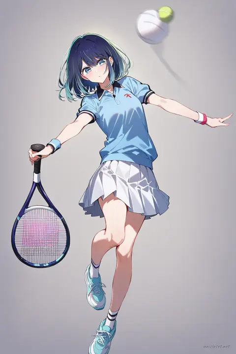Akane Kurokawa wearing a tennis outfit with a short pleated skirt, polo shirt, sneakers, and sporty wristband, holding a tennis racket against a clean background