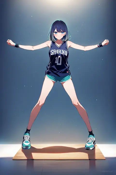 Full-body illustration of Akane Kurokawa wearing a sleeveless basketball jersey and short athletic shorts with sneakers, standing against a clean studio backdrop