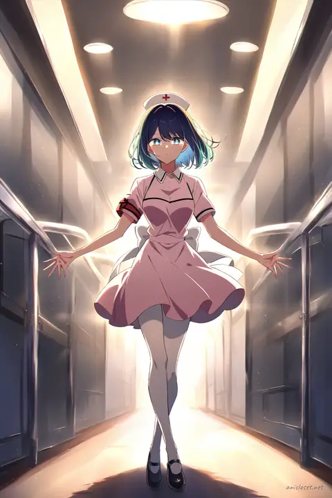 Illustration of Akane Kurokawa wearing a moe nurse uniform dress with a short hem, nurse cap, red cross armband, sheer white tights, and mary janes