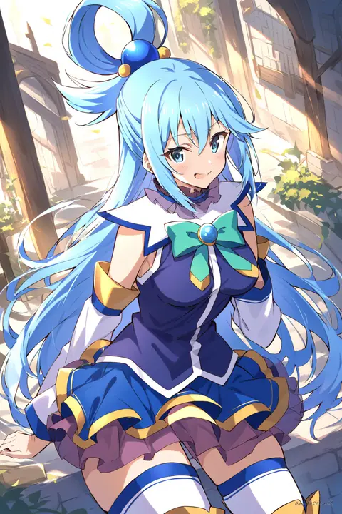 Full-body three-quarter view illustration of Aqua in her classic blue and white sleeveless dress with gold trim, white frilled collar, blue ribbon bow at chest, detached white puffed sleeves, white thigh-high stockings with blue bands, brown ankle boots with gold buckles, blue and gold waist belt, gold armlets, and blue hair ribbon against a simple studio background