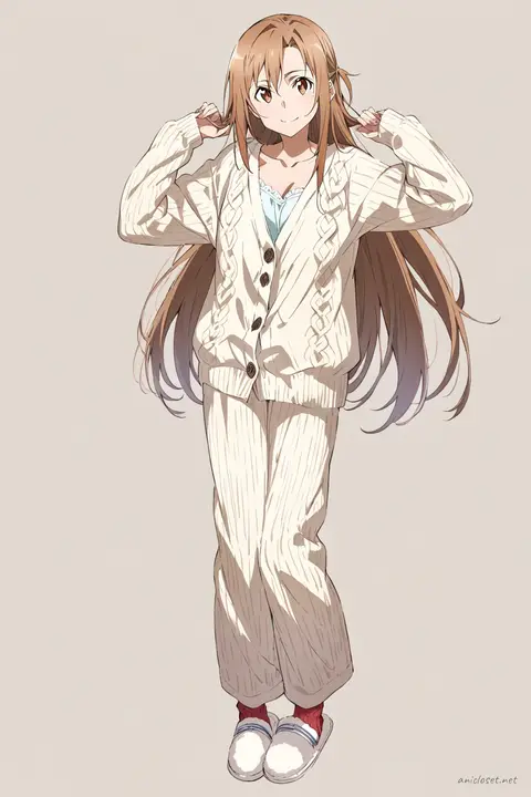 Full-body illustration of Asuna Yuuki standing in a casual lounge outfit with oversized cardigan, soft knit pants, cozy socks, and slip-on slippers against a simple studio backdrop