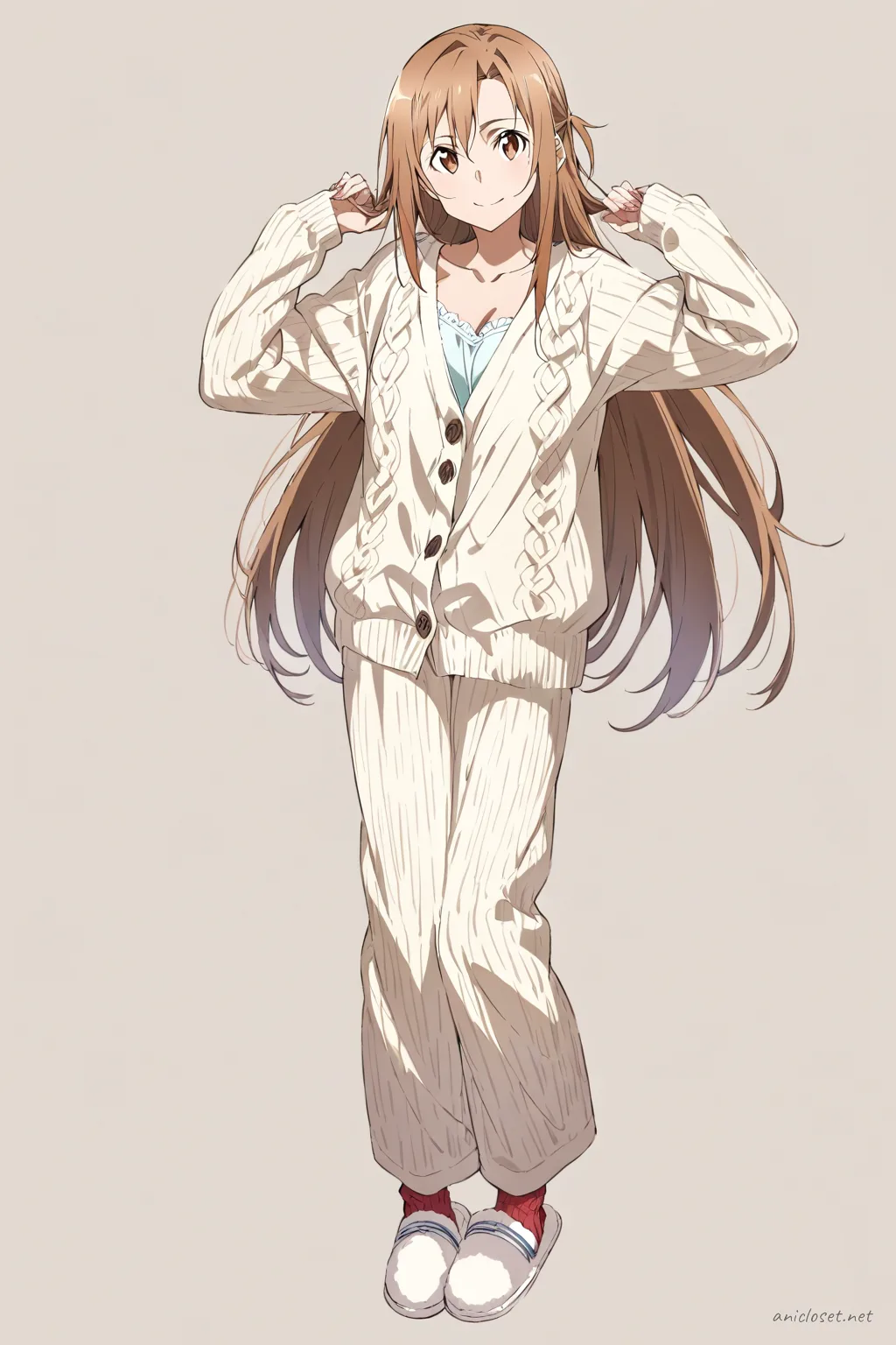 Full-body illustration of Asuna Yuuki standing in a casual lounge outfit with oversized cardigan, soft knit pants, cozy socks, and slip-on slippers against a simple studio backdrop