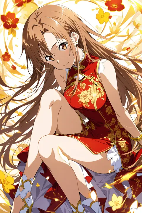 Full-body three-quarter view of Asuna Yuuki in a classic red qipao with gold trim, high collar, sleeveless design, and modest knee-length hem, holding a neat clutch purse against a clean studio background