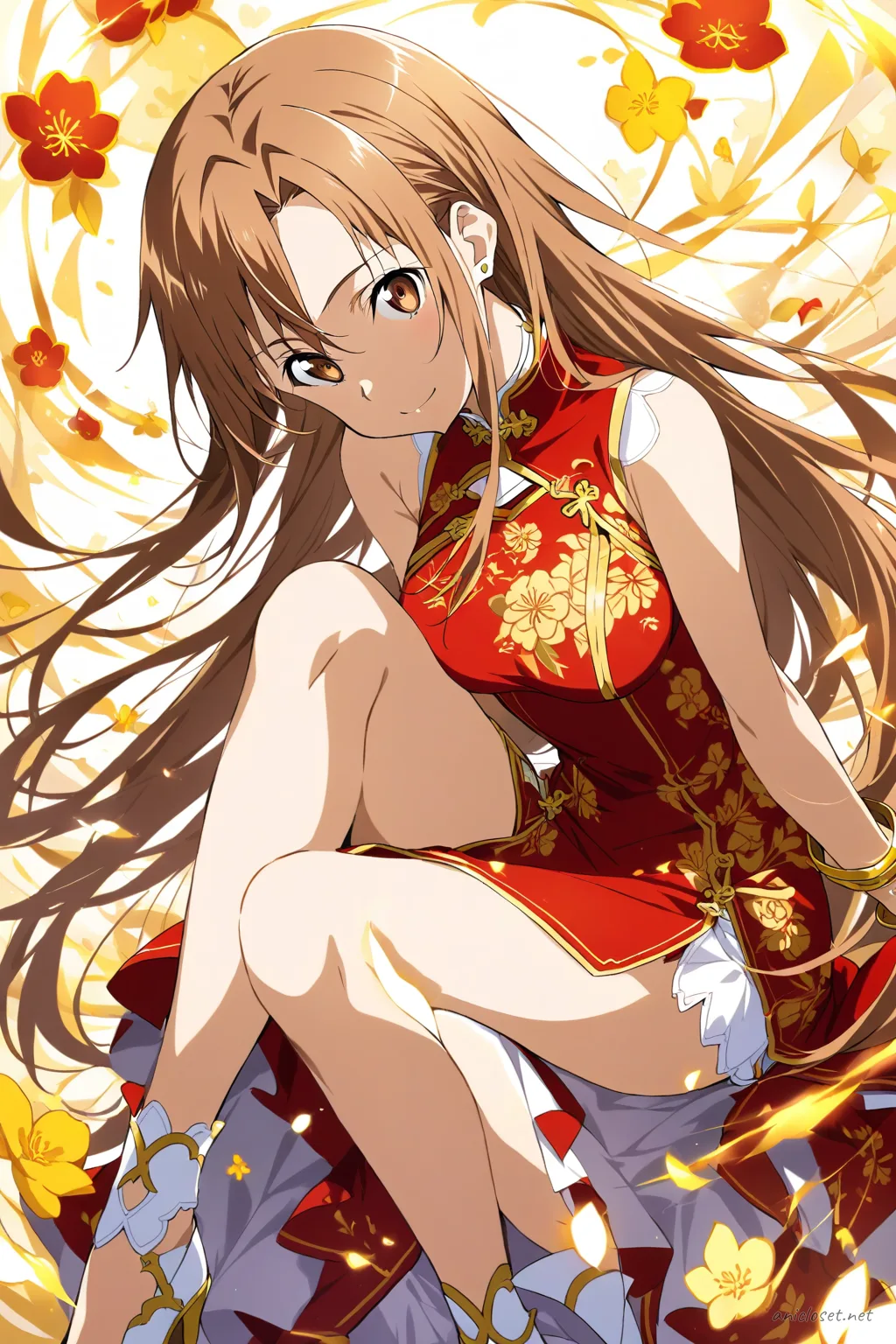 Full-body three-quarter view of Asuna Yuuki in a classic red qipao with gold trim, high collar, sleeveless design, and modest knee-length hem, holding a neat clutch purse against a clean studio background