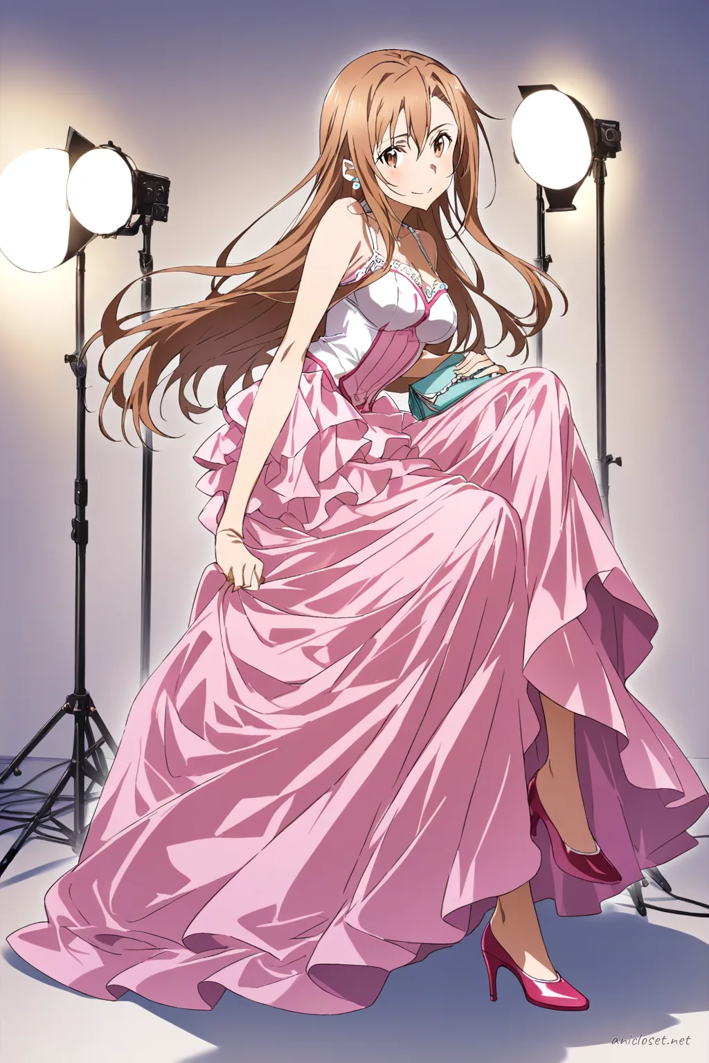 Illustration of Asuna Yuuki wearing a floor-length satin evening gown with a sweetheart neckline and slit skirt, shown knee-up under soft studio lighting