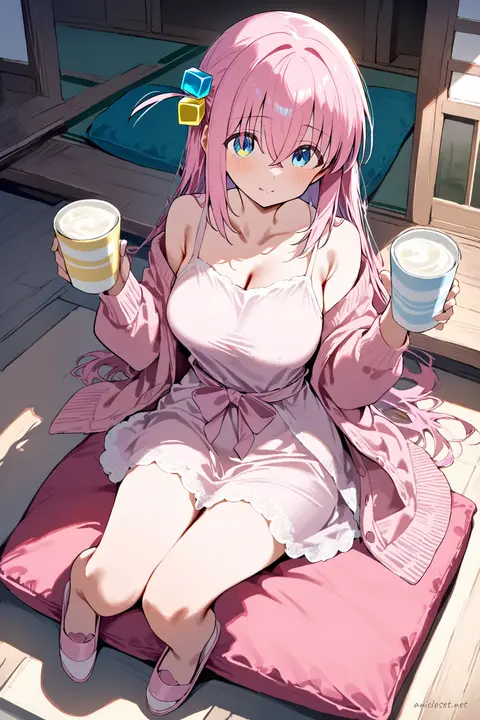 Full body illustration of Hitori Gotoh in a soft pink satin lounge dress with ribbon waist bow and lace trim hem, wearing fluffy pink slippers, holding a ceramic mug in a bedroom with hanging clothes and string lights