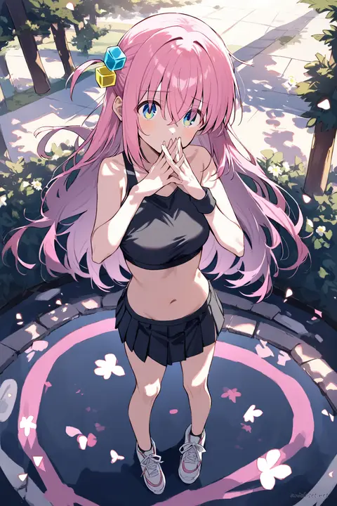 Illustration of Hitori Gotoh wearing a white cropped tee, pleated tennis skirt, white sneakers, and pink scrunchie, posing with a twirl-step in an open plaza with pigeons under a soft bright sky
