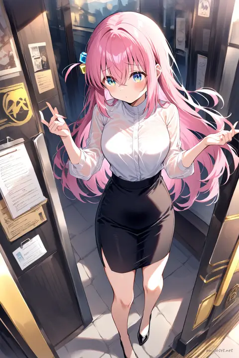 Illustration of Hitori Gotoh wearing a white blouse with sheer sleeves tucked into a black midi pencil skirt, black pumps, holding a clipboard in a bright conference room