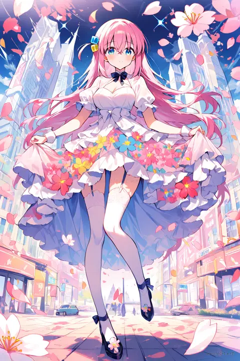 Full body illustration of Hitori Gotoh in a flower motif idol dress with petal layered skirt, puff sleeves, ribbon choker, and ankle strap heels