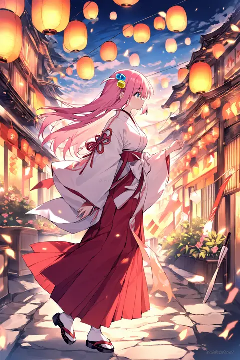 Full body profile of Hitori Gotoh in Kimono variant 03 with white kosode, red hakama, ribbon hair ties, tabi socks, and zori sandals