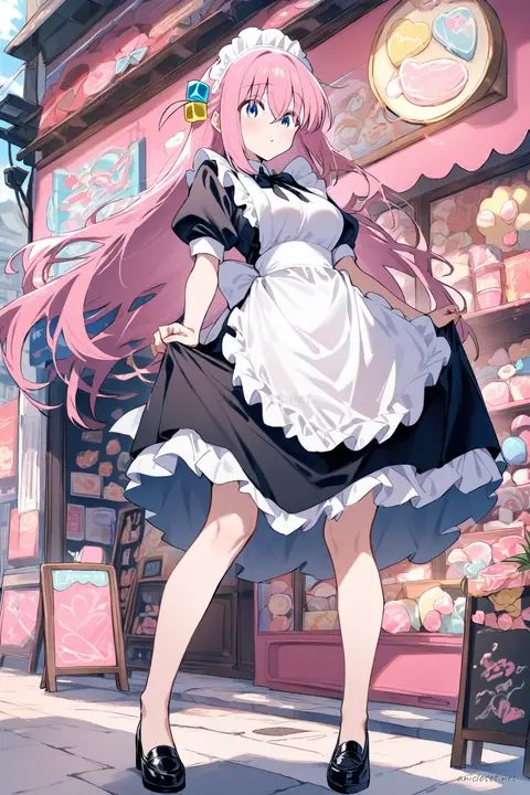 Illustration of Hitori Gotoh wearing a modern monochrome maid dress with a neat apron panel and low heels