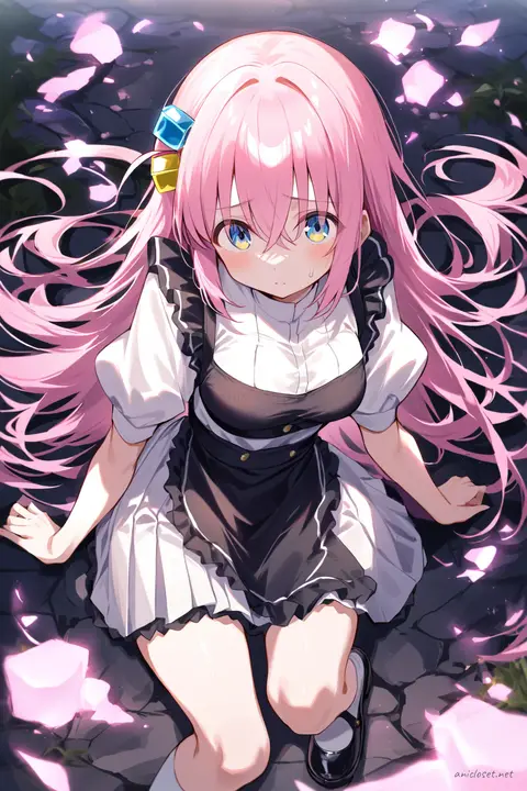 Front-facing cowboy shot of Hitori Gotoh wearing white blouse, navy pleated skirt, black maid apron with puffed sleeves, knee socks, and Mary Jane shoes