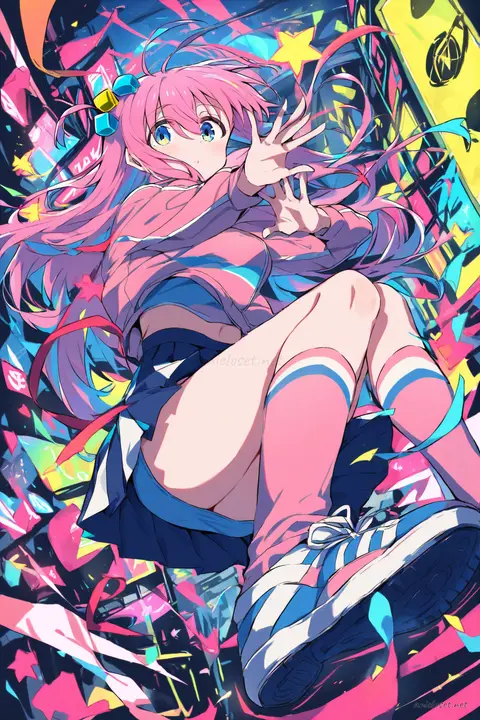 Illustration of Hitori Gotoh wearing a cheer squad uniform with a fitted crop jacket, short pleated skirt, knee socks, and sneakers